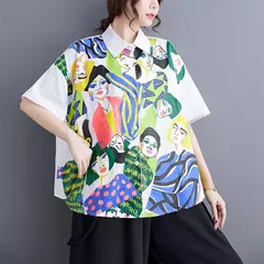 Estilo coreano blusa de manga curta para as mulheres, camisa estampada preta, ajuste solto, casual, tamanho grande, verão, jxs097