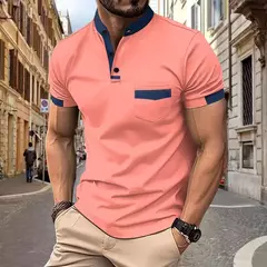 Camisa polo esportiva casual masculina, monocromática, com gola alta, tecido diagonal, camisa de Henry, verão, 2024