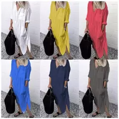 Vestido longo de linho de algodão feminino, branco, oversize, casual, simples, cor pura, divisão, praia, verão, elegante, S-4X