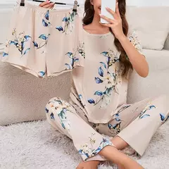 Conjunto de pijama de manga curta feminina, top gola redonda, shorts e calças, lounge wear, roupa de dormir, casual, estampado, 3 peças - comprar online