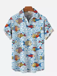 Camisa de praia de manga curta masculina, casaco de lapela confortável, top estampado, tamanho grande, solta, verão, novo, 2024