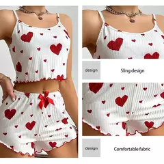 Ice Silk Suspender Pijama Conjunto com decoração em forma de coração impresso para senhoras, verão 2 peças - comprar online