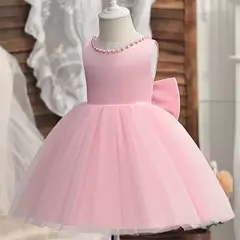 Vestido de tule sem costas para bebé com laço grande e pérolas, 1 ° vestido de aniversário, princesa infantil, vestido baptizado, 1 a 5 anos - Wolf Magazine