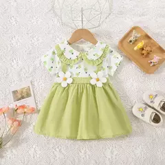 Vestido de alça de flor para bebê, Decoração de flores, colarinho dobrável, doce vestido de princesa, verão, novo