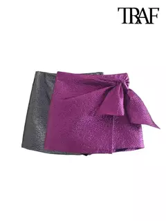 TRAF-Saias de Shorts Texturizados Femininos com Zíper Lateral Arco Amarrado, Cintura Alta, Vintage, Moda Feminina - comprar online