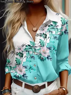 Imagem do Camisa feminina de seda gelo estampada de mangas compridas, independente, roupas populares de férias havaianas, quente, novo, verão, 2024
