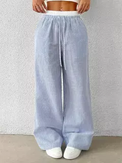 Calças femininas listradas de perna larga, calças casuais de comprimento total, roupas Y2K, streetwear outono e inverno, tecido, outono, 2024 - comprar online
