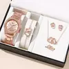 Relógio de luxo ouro rosa para mulheres, brinco colar anel, relógio de pulso strass, relógios casuais para senhoras, moda, 6 peças