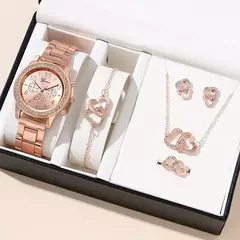 Relógio de luxo ouro rosa para mulheres, brinco colar anel, relógio de pulso strass, relógios casuais para senhoras, moda, 6 peças