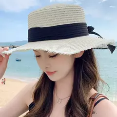 Imagem do Chapéu de palha com laço feminino, aba larga, top macio, proteção solar, acessórios de praia, verão