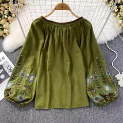 Blusa Bordada Manga Lanterna Longa com Decote V para Mulheres, Moda Casual, Camisas Vintage, Tops Femininos Minoritários, Drop Shipping, Outono - comprar online