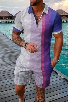 Imagem do Conjunto de camisa polo e shorts masculino casual de manga curta com zíper gola v, moda verão, 2 peças, 2023