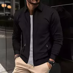 Jaqueta waffle de manga comprida masculina, monocromática, com zíper, bolso, cardigã lapela, gola polo casual, outdoor wear, primavera e outono - comprar online