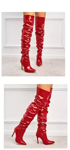 Eilyken-Patent Leather Apontado Toe Salto Alto para Mulheres, Botas Vermelhas Sobre o Joelho, Sapatos de Zíper Lateral, Stiletto Sólido, Calçado Feminino - loja online