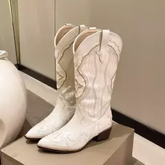 Botas de bezerro ocidentais bordadas para mulheres, saltos quadrados cowboy, dedo apontado, sapatos de plataforma, plus size 42 - comprar online