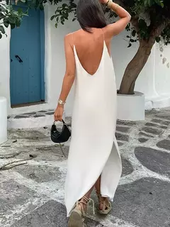 Vestido feminino elegante com decote em v, sem costas, sem mangas, vestidos de estilinete, branco, praia, férias, moda feminina, verão, 2024 na internet