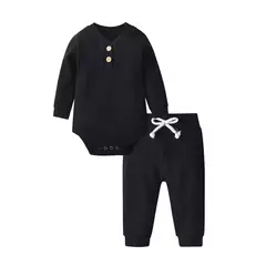 Imagem do Conjunto de roupas para bebê recém-nascido menino e menina, feito de algodão, com nervuras, manga longa, bodysuit e calça, cor sólida