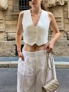 Colete feminino sem mangas TRAF, camiseta com decote em v, casacos curtos, terno de trabalho, preto e branco, moda verão - comprar online