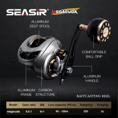 Seasir Megacuda Baitcasting Carretel De Pesca, Quadro De Alumínio, Carbono Lado Jigging, Arraste De Água Do Mar, 15kg Carretel Profundo, 9 + 1BB, 6.5:1 - comprar online