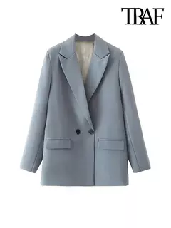 Imagem do TRAF-Blazer de trespassado feminino, gola entalhada, manga comprida, chique, senhora do escritório, casaco vintage, casacos femininos, tops elegantes, moda