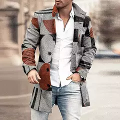 Outono inverno retro impressão de lã casaco masculino casual único breasted lapela manga longa casaco moda masculina bolso solto meados longo jaqueta - comprar online