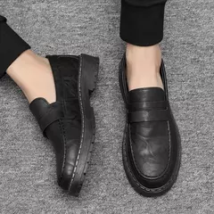 Sapato de sola grossa masculino, deslizamento respirável em sapatos, cor sólida, casual, feito à mão, formal