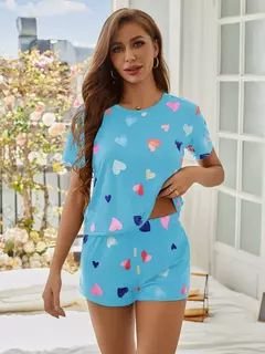 Pijamas de manga curta feminina, shorts estampados em coração, conjuntos de pijama feminino, lounge feminino, t plus size, 2 peças - loja online