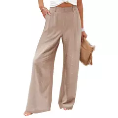 Calça larga de linho de algodão feminina, comprimento total, casual, monocromática, solta, cintura alta, reto, botão, verão - Wolf Magazine