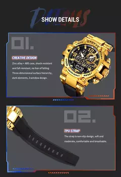 STRYVE-Homens resistente ao choque esporte relógios, relógio de pulso impermeável, LED alarme, cronômetro, relógio militar, 50m, 8025