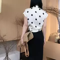 Imagem do Blusas sem mangas de bolinhas para senhora, estilo francês, laço com renda, decote em v, tops sedosos, roupas elegantes de escritório, verão, novidade, 2022