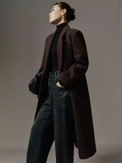 DUSHU-casaco longo de lã de peito duplo para mulheres, design chique, casaco de lã feminino, café escuro, cor marrom, sentido retrô, inverno, 2023 - loja online