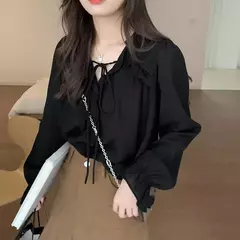 Imagem do Xpqbb-Blusa de chiffon com decote em V para mulheres, camisas soltas com renda, manga comprida, babados, streetwear feminino, roupas coreanas, primavera e outono, 2024