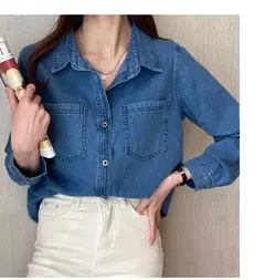 Camisa jeans azul retrô feminina, camisa de manga comprida, jaqueta jeans de peito único, camisas monocromáticas, novo design, outono, 2024 - comprar online