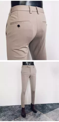 Calça formal de negócios casual masculina, slim fit, cor sólida, terno de festa de casamento, escritório, verão