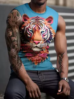 Camisola de alças estampada 3D leão tigre masculina, poliéster, versátil, casual, dominante na rua, gola redonda, sem mangas, primavera, verão, novo - comprar online