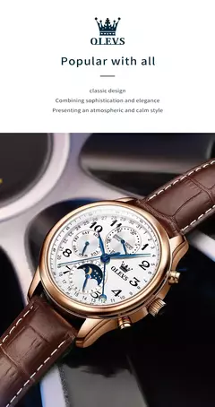 OLEVS-Relógio de pulso mecânico automático masculino, Moon Phase, Calendário, Impermeável, Aço inoxidável, Pulseira de couro, Original