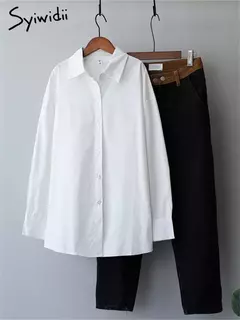 Syiwidii-Blusas grandes de manga comprida feminina, com botões, solta, casual, algodão, branco, tops elegantes, moda, 100%, 2024 - comprar online