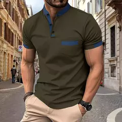 Camisa polo esportiva casual masculina, monocromática, com gola alta, tecido diagonal, camisa de Henry, verão, 2024 - comprar online