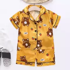 Conjunto de pijama cetim de seda gelo infantil, top e calça, ursinho desenho animado, bebê menina, primavera, verão - loja online