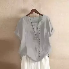 Top feminino de algodão e linho verão casual solto botão manga curta cor sólida pulôver blusa femme blusas - Wolf Magazine