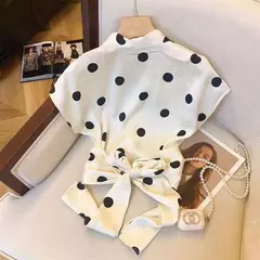 Blusas sem mangas de bolinhas para senhora, estilo francês, laço com renda, decote em v, tops sedosos, roupas elegantes de escritório, verão, novidade, 2022 - loja online