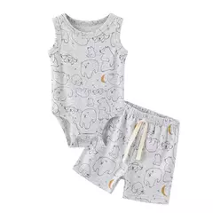 Imagem do Kiddiezoom verão dos desenhos animados sem mangas conjuntos de roupas recém-nascidos bebê menino menina bodysuits + calças algodão macio roupas infantis
