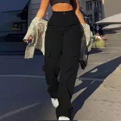 Calça de perna larga feminina, bolso com aba de rua, detalhes da fivela lateral, calças paraquedas hip hop, moda Y2K - comprar online