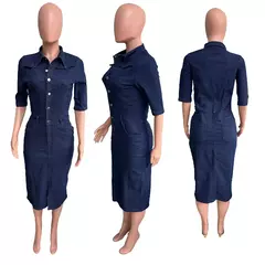 Imagem do Vestido feminino de comprimento médio com botões elásticos, saia jeans, saia de quadril, manga curta, tendência, outono