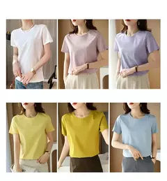 Camisetas de seda de algodão mercerizado femininas, camiseta casual simples, decote em O, manga curta, solta, reta, simples, minimalista, verão, 2023 - loja online