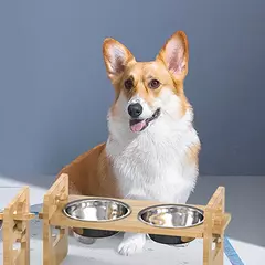 2 pçs de bambu e madeira ajustável gato e cão rack de alimentação gato tigela alimentador pet tigela rack de refeição de aço inoxidável na internet