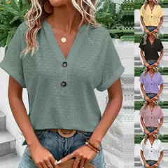 Blusa feminina com botão monocromático com decote em v, camisas soltas, manga curta, tops femininos grandes, blusa jacquard casual, verão, nova moda, 2023