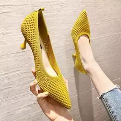 Sapatos de festa triangular confortáveis para mulheres, salto alto único sexy, agulha de malha respirável, verão - loja online