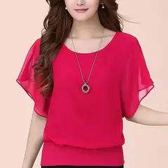 Blusa de chiffon para mulheres, cor sólida, gola redonda, pulôver solto, batwing sleeve, plissado, roupas casuais, verão - Wolf Magazine