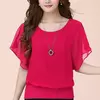 Blusa de chiffon para mulheres, cor sólida, gola redonda, pulôver solto, batwing sleeve, plissado, roupas casuais, verão